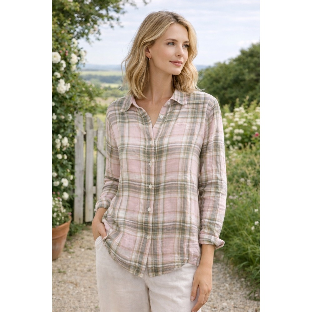 Jones New York Sport Cottagecore 100% Linen Pink Sage Plaid Shirt L